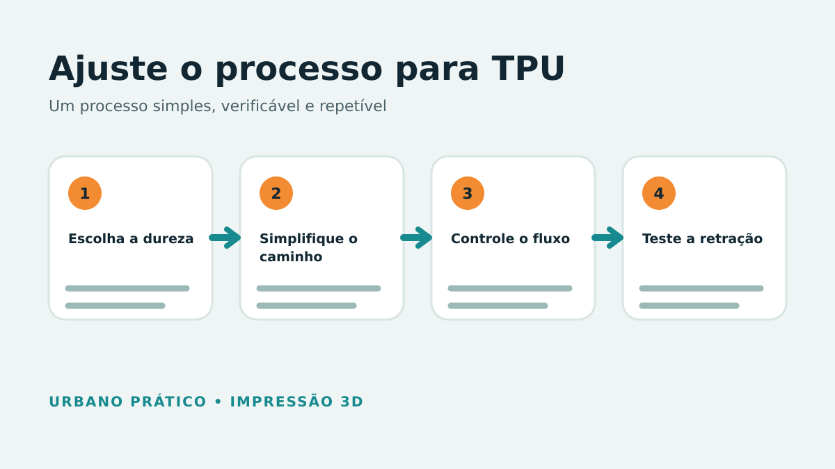 Etapas para escolher dureza e ajustar caminho, fluxo e retração do TPU